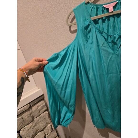 Lilly Pulitzer Women's Teal Cold Shoulder Silk Blouse Size M - Picture 4 of 10